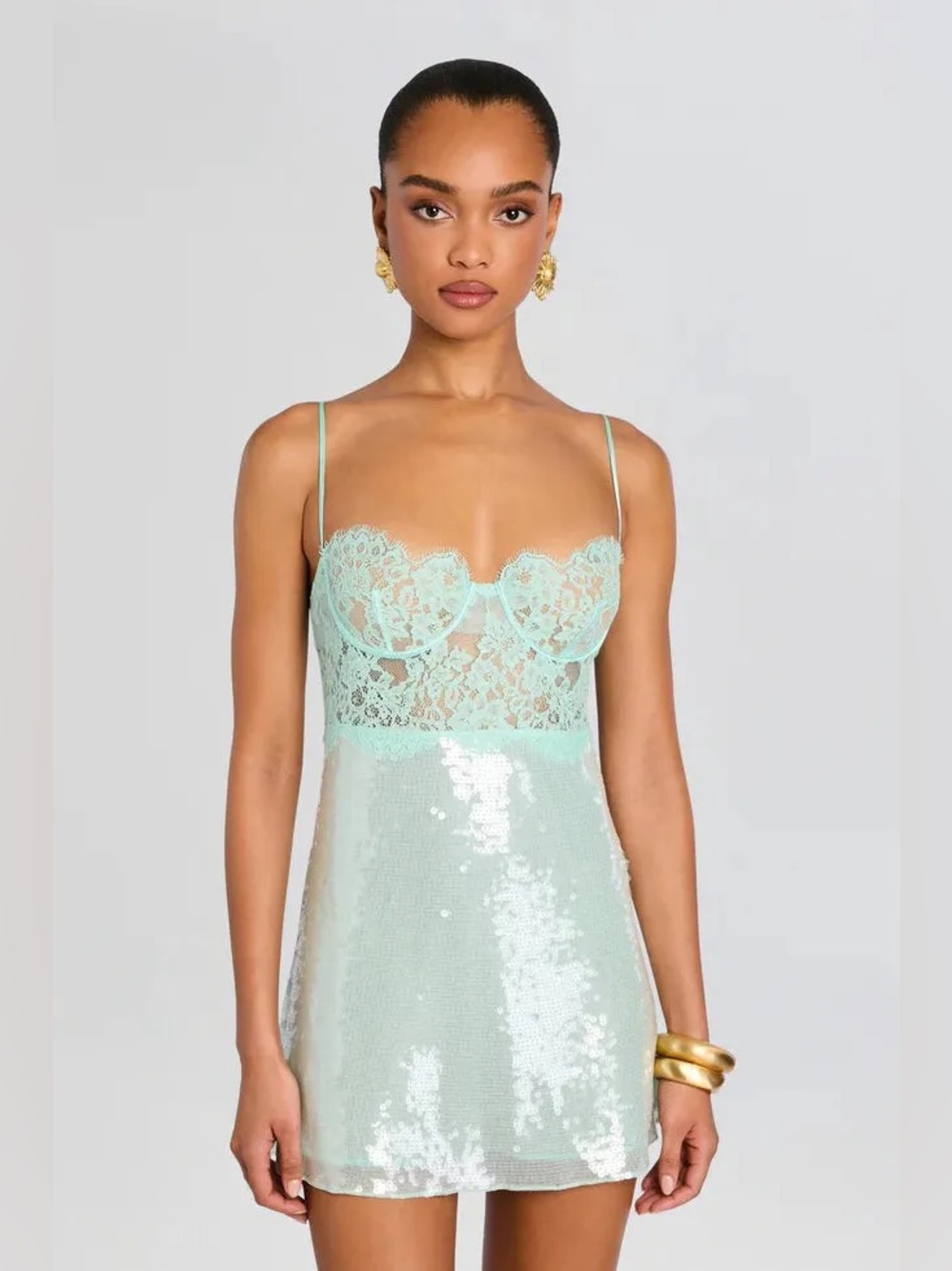 Retrofête Alixandra Sequin Mini Dress Mint Green Lace Bustier